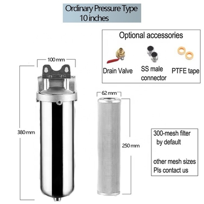 Prefiltro de acero inoxidable pulido de 10 pulgadas para el sistema de purificación de acero de flujo